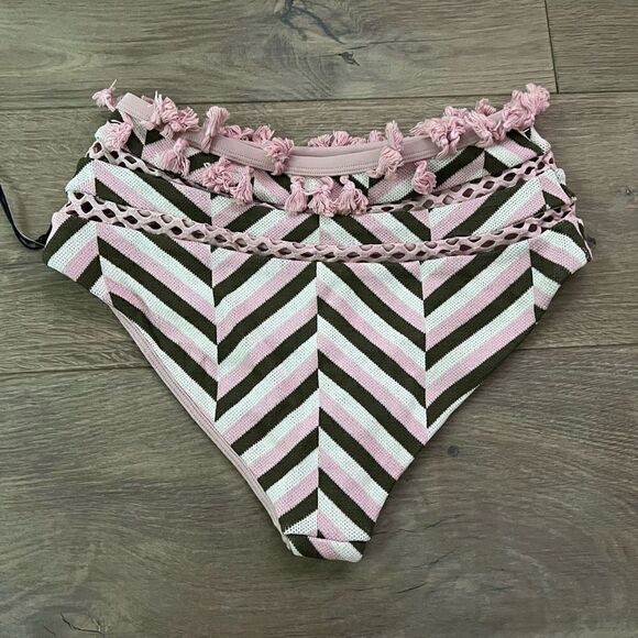 Tularosa Women's Pink & Brown Zigzag Tassel High Cut Bikini Bottom Size Small - Picture 3 of 3